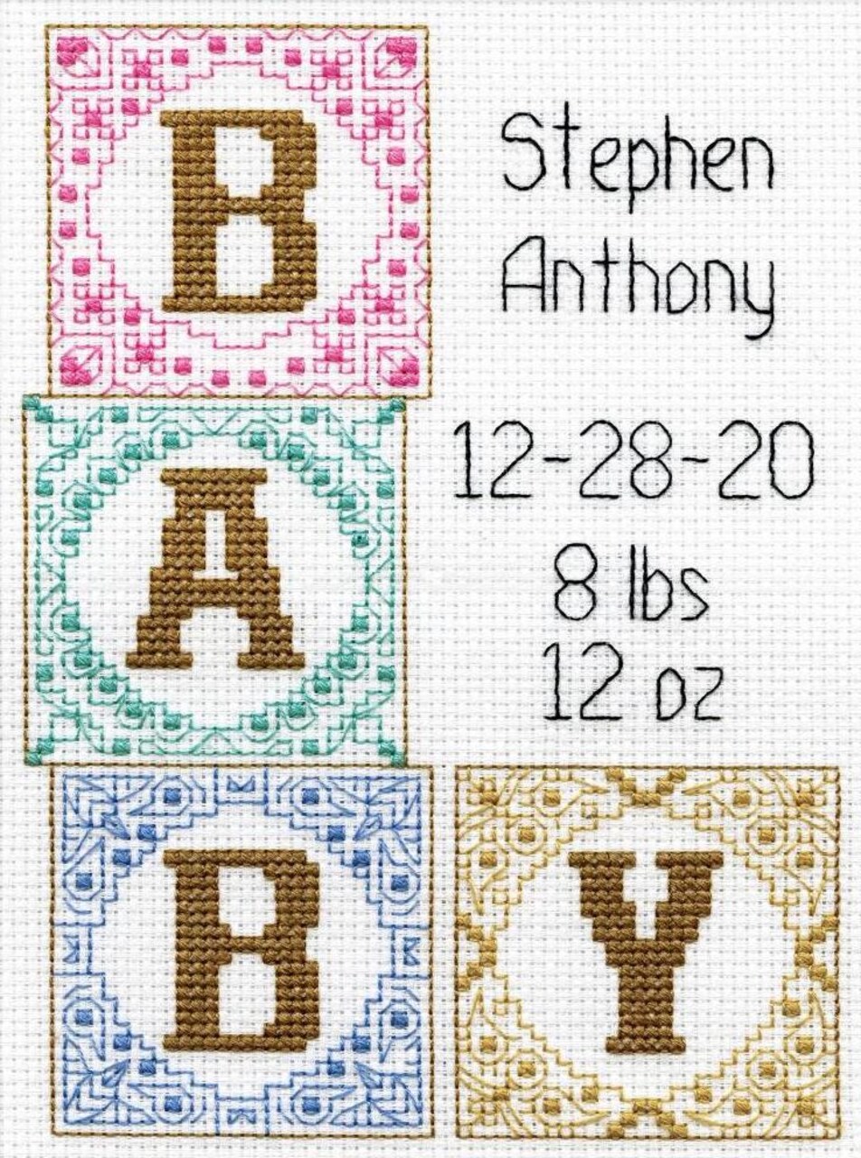 DIY Design Works Baby Blocks Birth Record Gift Counted Cross Stitch Kit 5x7
